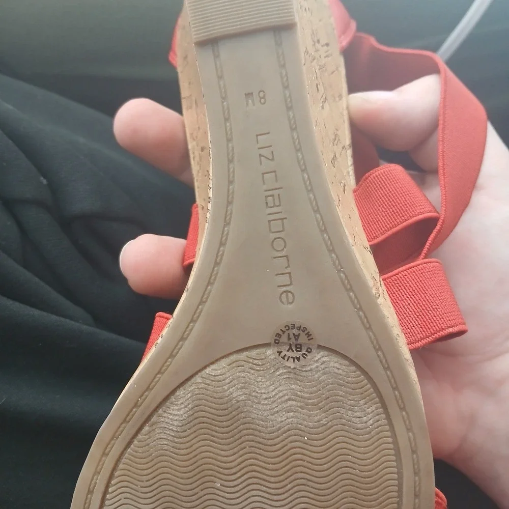 Liz‎ Claiborne Womens Red Strappy Elastic Cork Wedge Sandals Size 8M Back Zip